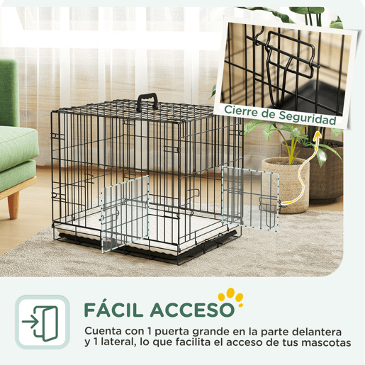 PawHut Jaula Dobrável para Cães Pequenos com Almofada, 2 Portas, Tabuleiro Removível e Estrutura Metálica, 60x45x50 cm, Preto e Bege