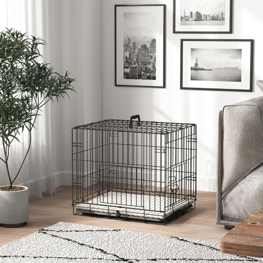 PawHut Jaula Dobrável para Cães Pequenos com Almofada, 2 Portas, Tabuleiro Removível e Estrutura Metálica, 60x45x50 cm, Preto e Bege