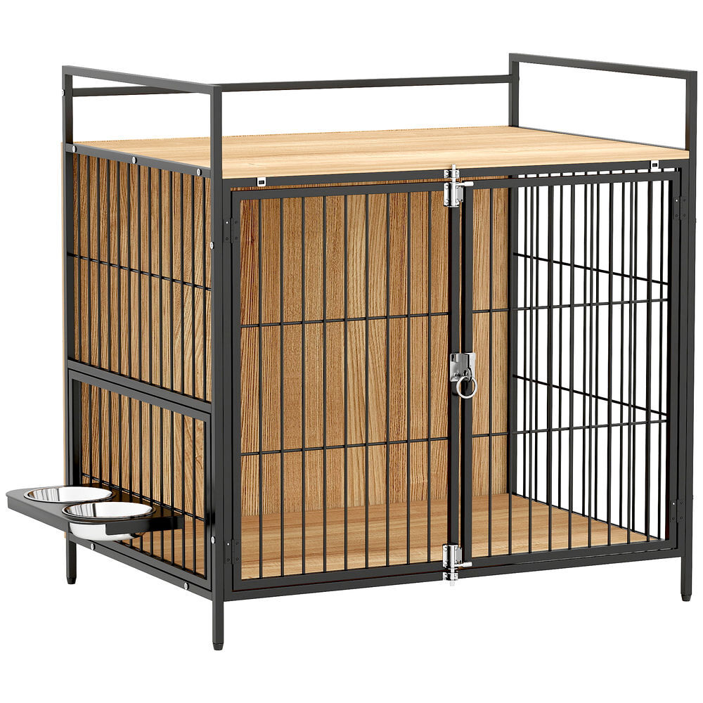 Pawhut jaula para perros mesa auxiliar moderna casa para mascotas con soporte giratorio con 2 tazones 2 puertas y estante de almacenamiento superior para perros medianos 80x56x76,5 cm roble