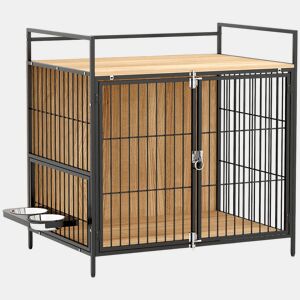PawHut Gaiola para Cães Mesa Auxiliar Moderna Casa para Animais de Estimação com Suporte Giratório com 2 Tigelas 2 Portas e Bancada para Cães Médios 80x56x76,5 cm Madeira e Preto