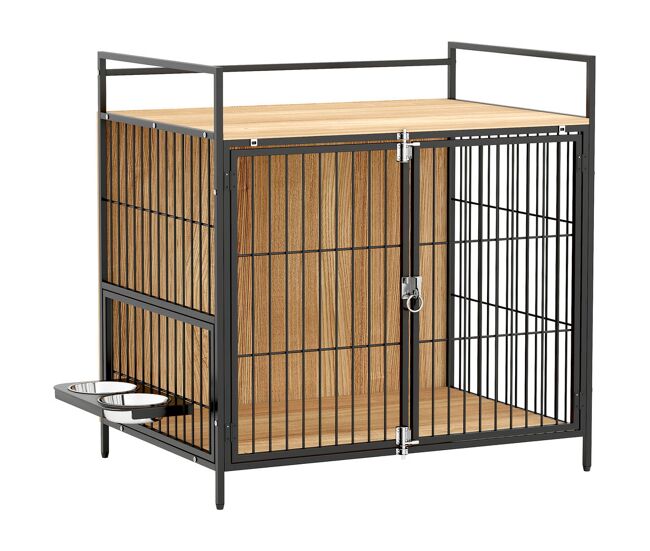 Pawhut jaula para perros mesa auxiliar moderna casa para mascotas con soporte giratorio con 2 tazones 2 puertas y estante de almacenamiento superior para perros medianos 80x56x76,5 cm roble