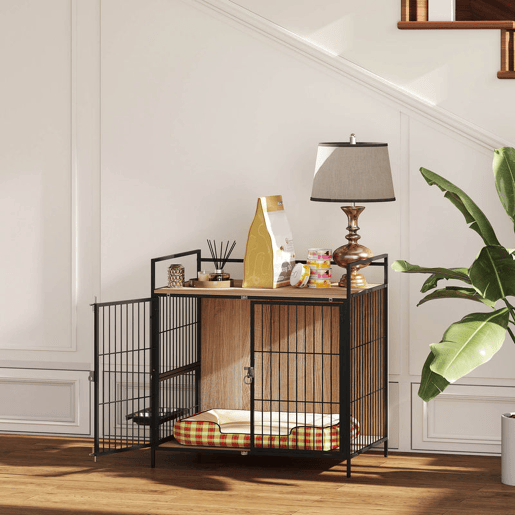 PawHut Gaiola para Cães Mesa Auxiliar Moderna Casa para Animais de Estimação com Suporte Giratório com 2 Tigelas 2 Portas e Bancada para Cães Médios 80x56x76,5 cm Madeira e Preto