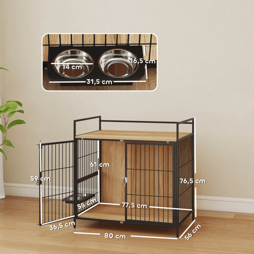 PawHut Gaiola para Cães Mesa Auxiliar Moderna Casa para Animais de Estimação com Suporte Giratório com 2 Tigelas 2 Portas e Bancada para Cães Médios 80x56x76,5 cm Madeira e Preto