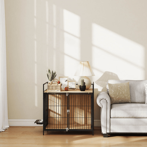 PawHut Gaiola para Cães Mesa Auxiliar Moderna Casa para Animais de Estimação com Suporte Giratório com 2 Tigelas 2 Portas e Bancada para Cães Médios 80x56x76,5 cm Madeira e Preto