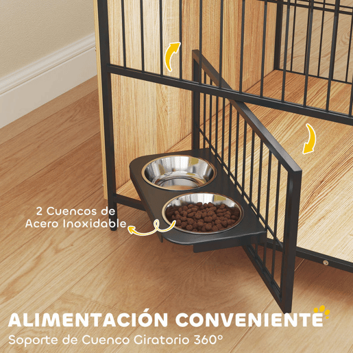 PawHut Gaiola para Cães Mesa Auxiliar Moderna Casa para Animais de Estimação com Suporte Giratório com 2 Tigelas 2 Portas e Bancada para Cães Médios 80x56x76,5 cm Madeira e Preto