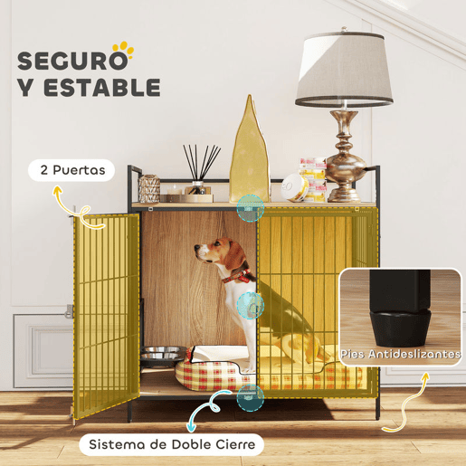 PawHut Gaiola para Cães Mesa Auxiliar Moderna Casa para Animais de Estimação com Suporte Giratório com 2 Tigelas 2 Portas e Bancada para Cães Médios 80x56x76,5 cm Madeira e Preto