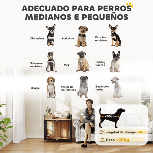 PawHut Gaiola para Cães Mesa Auxiliar Moderna Casa para Animais de Estimação com Suporte Giratório com 2 Tigelas 2 Portas e Bancada para Cães Médios 80x56x76,5 cm Madeira e Preto