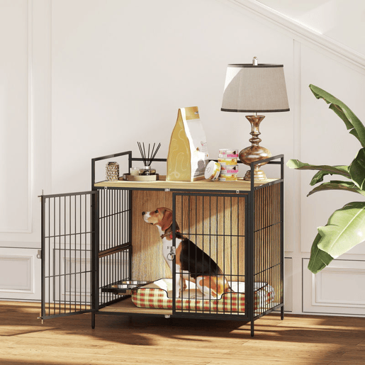 PawHut Gaiola para Cães Mesa Auxiliar Moderna Casa para Animais de Estimação com Suporte Giratório com 2 Tigelas 2 Portas e Bancada para Cães Médios 80x56x76,5 cm Madeira e Preto