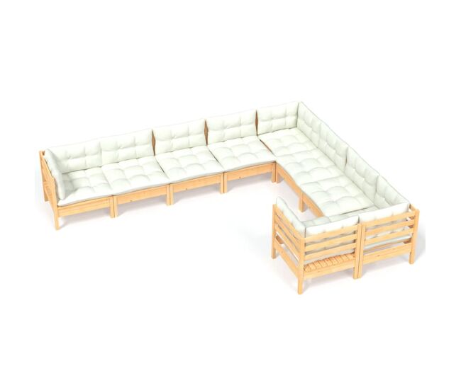 Muebles de jardín 9 piezas y cojines madera de pino crema