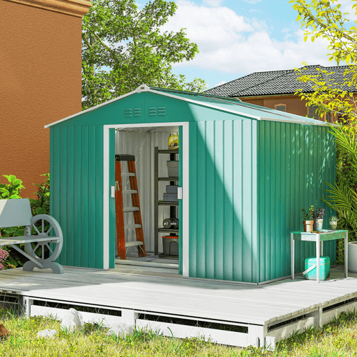 Outsunny Abrigo de Jardim Exterior 4,9 m² 277x195x192cm Abrigo e Jardim Metálico para Armazenamento de Ferramentas com Base Incluída (Chão não Incluído) e 4 Janelas Verde Escuro