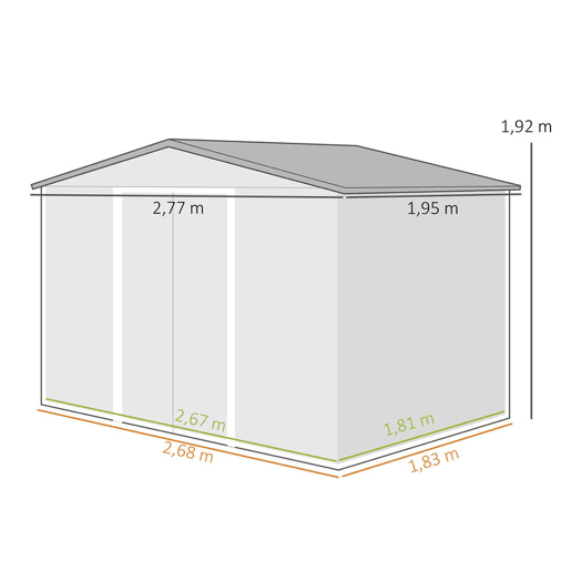 Outsunny Abrigo de Jardim Exterior 4,9 m² 277x195x192cm Abrigo e Jardim Metálico para Armazenamento de Ferramentas com Base Incluída (Chão não Incluído) e 4 Janelas Verde Escuro