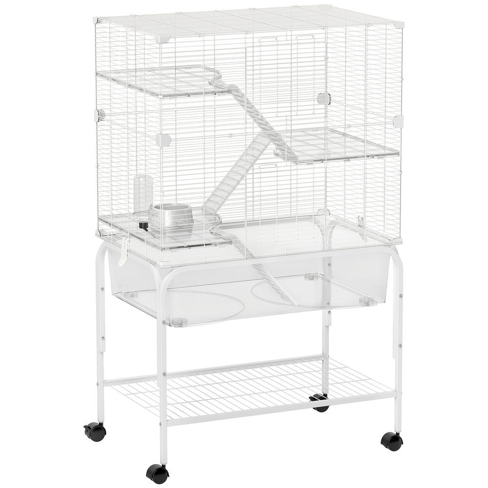 Pawhut jaula para animales pequeños de 4 niveles con ruedas jaula para roedores con bandeja profunda rampas plataformas comedero y bebedero recinto para chinchillas hurones hámster 73x47x123 cm blanco