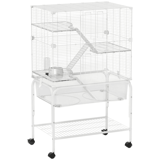 PawHut Gaiola para Pequenos Animais de 4 Níveis com Bandeja Inferior Gaiola para Roedores com Rodas Rampas Comedouro e Bebedouro Recinto para Chinchilas 73x47x123 cm Branco