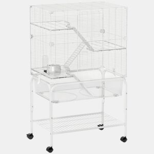 PawHut Gaiola para Pequenos Animais de 4 Níveis com Bandeja Inferior Gaiola para Roedores com Rodas Rampas Comedouro e Bebedouro Recinto para Chinchilas 73x47x123 cm Branco
