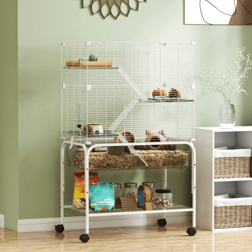 PawHut Gaiola para Pequenos Animais de 4 Níveis com Bandeja Inferior Gaiola para Roedores com Rodas Rampas Comedouro e Bebedouro Recinto para Chinchilas 73x47x123 cm Branco