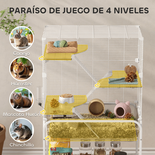 PawHut Gaiola para Pequenos Animais de 4 Níveis com Bandeja Inferior Gaiola para Roedores com Rodas Rampas Comedouro e Bebedouro Recinto para Chinchilas 73x47x123 cm Branco
