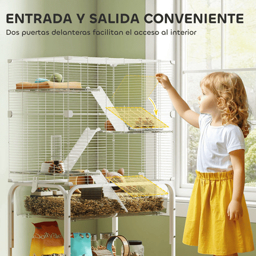 PawHut Gaiola para Pequenos Animais de 4 Níveis com Bandeja Inferior Gaiola para Roedores com Rodas Rampas Comedouro e Bebedouro Recinto para Chinchilas 73x47x123 cm Branco