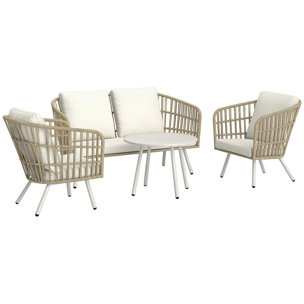 Outsunny conjunto de jardín exterior de ratán sintético de 4 piezas muebles de jardín exterior con sofá de 2 plazas 2 sillones 1 mesa de centro de metal con cojines crema y natural