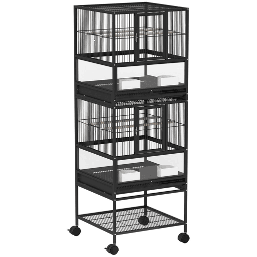 PawHut Gaiola para Pássaros Gaiola Grande de 2 Níveis com Rodas Painéis Acrílicos Comedouros Poleiros Prateleira Bandejas Amovíveis Gaiola para Papagaios Canários 48x46x134,5 cm Preto