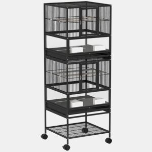 PawHut Gaiola para Pássaros Gaiola Grande de 2 Níveis com Rodas Painéis Acrílicos Comedouros Poleiros Prateleira Bandejas Amovíveis Gaiola para Papagaios Canários 48x46x134,5 cm Preto