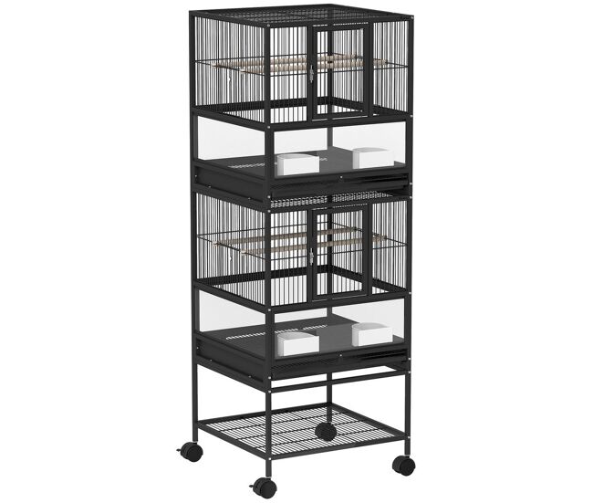 Pawhut jaula para pájaros jaula grande de 2 niveles con ruedas paneles acrílicos comederos perchas estante bandejas extraíbles pajarera para loros