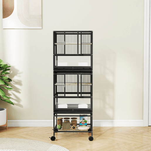 PawHut Gaiola para Pássaros Gaiola Grande de 2 Níveis com Rodas Painéis Acrílicos Comedouros Poleiros Prateleira Bandejas Amovíveis Gaiola para Papagaios Canários 48x46x134,5 cm Preto