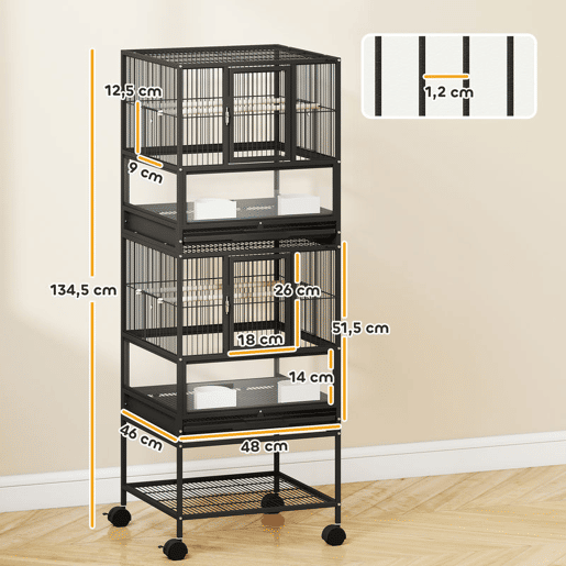 PawHut Gaiola para Pássaros Gaiola Grande de 2 Níveis com Rodas Painéis Acrílicos Comedouros Poleiros Prateleira Bandejas Amovíveis Gaiola para Papagaios Canários 48x46x134,5 cm Preto