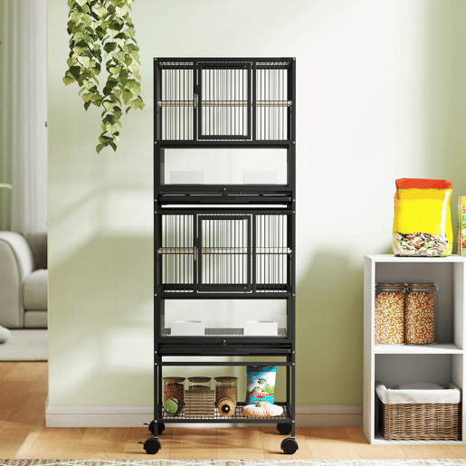 PawHut Gaiola para Pássaros Gaiola Grande de 2 Níveis com Rodas Painéis Acrílicos Comedouros Poleiros Prateleira Bandejas Amovíveis Gaiola para Papagaios Canários 48x46x134,5 cm Preto