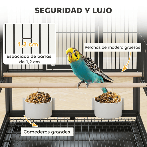 PawHut Gaiola para Pássaros Gaiola Grande de 2 Níveis com Rodas Painéis Acrílicos Comedouros Poleiros Prateleira Bandejas Amovíveis Gaiola para Papagaios Canários 48x46x134,5 cm Preto