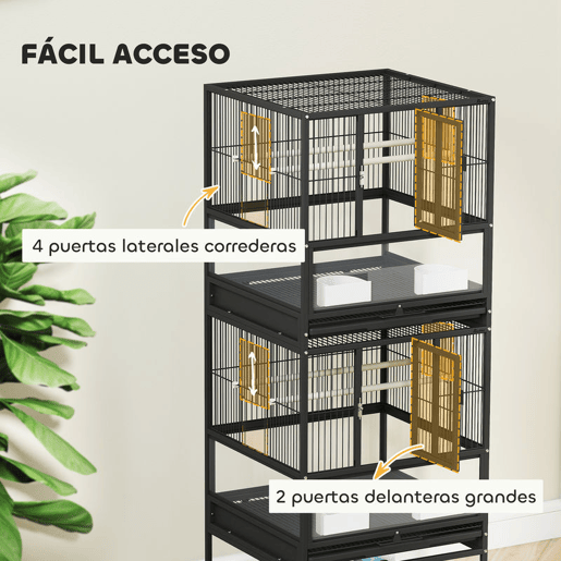 PawHut Gaiola para Pássaros Gaiola Grande de 2 Níveis com Rodas Painéis Acrílicos Comedouros Poleiros Prateleira Bandejas Amovíveis Gaiola para Papagaios Canários 48x46x134,5 cm Preto