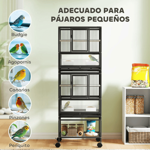 PawHut Gaiola para Pássaros Gaiola Grande de 2 Níveis com Rodas Painéis Acrílicos Comedouros Poleiros Prateleira Bandejas Amovíveis Gaiola para Papagaios Canários 48x46x134,5 cm Preto