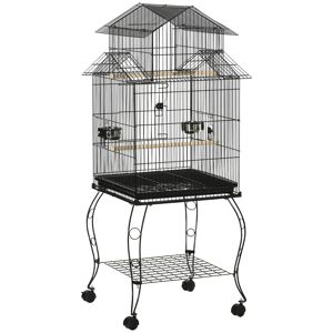 PawHut Gaiola para Pássaros com Rodas Gaiola Grande com Suporte 50x49x137 cm com Bandeja Amovível Portas Comedouro Poleiro e Prateleira Inferior Preto