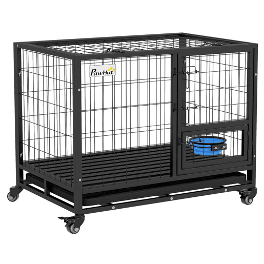 PawHut Gaiola para Cães com Parte Superior Rebatível Suporte de Tigelas Bandeja Amovível Rodas e Porta Dupla 92x62x73 cm Preto
