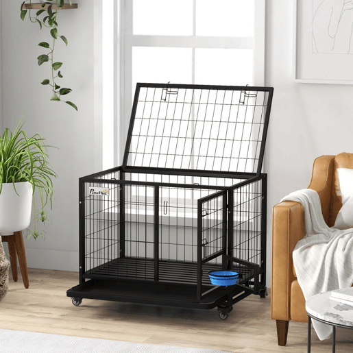 PawHut Gaiola para Cães com Parte Superior Rebatível Suporte de Tigelas Bandeja Amovível Rodas e Porta Dupla 92x62x73 cm Preto