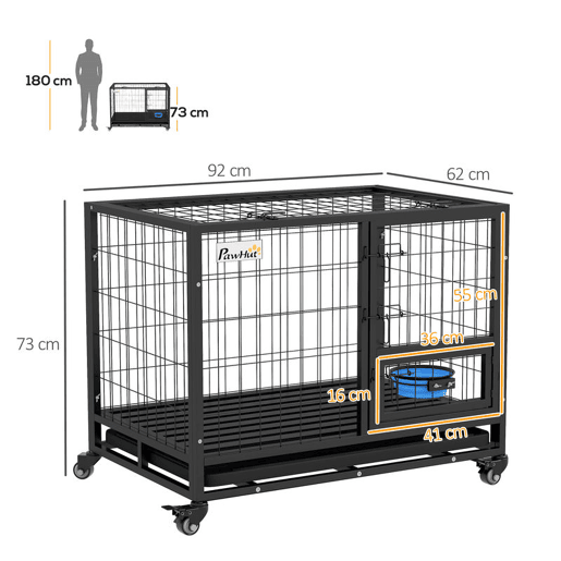 PawHut Gaiola para Cães com Parte Superior Rebatível Suporte de Tigelas Bandeja Amovível Rodas e Porta Dupla 92x62x73 cm Preto