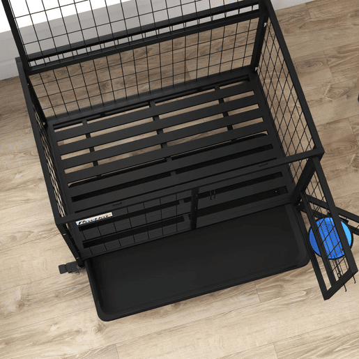 PawHut Gaiola para Cães com Parte Superior Rebatível Suporte de Tigelas Bandeja Amovível Rodas e Porta Dupla 92x62x73 cm Preto