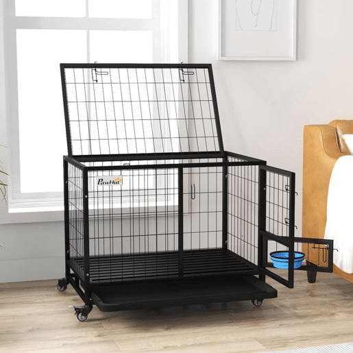 PawHut Gaiola para Cães com Parte Superior Rebatível Suporte de Tigelas Bandeja Amovível Rodas e Porta Dupla 92x62x73 cm Preto