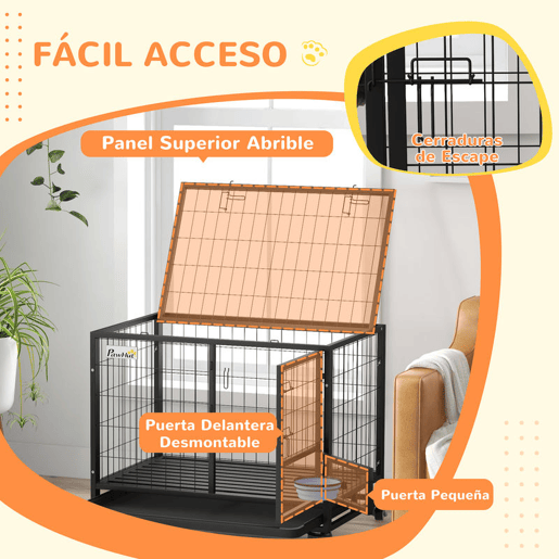 PawHut Gaiola para Cães com Parte Superior Rebatível Suporte de Tigelas Bandeja Amovível Rodas e Porta Dupla 92x62x73 cm Preto