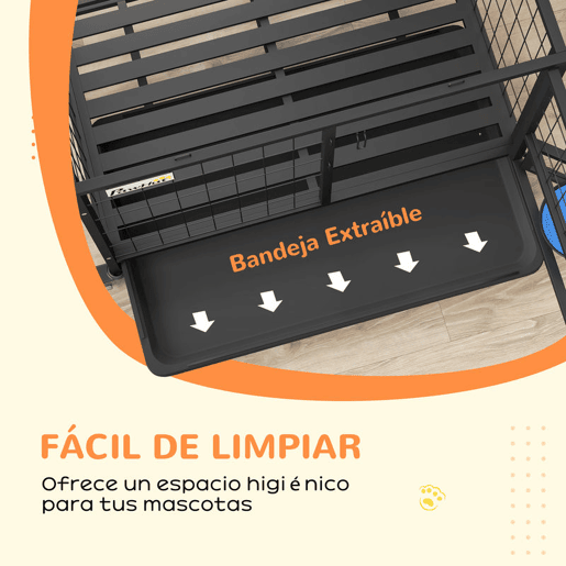 PawHut Gaiola para Cães com Parte Superior Rebatível Suporte de Tigelas Bandeja Amovível Rodas e Porta Dupla 92x62x73 cm Preto