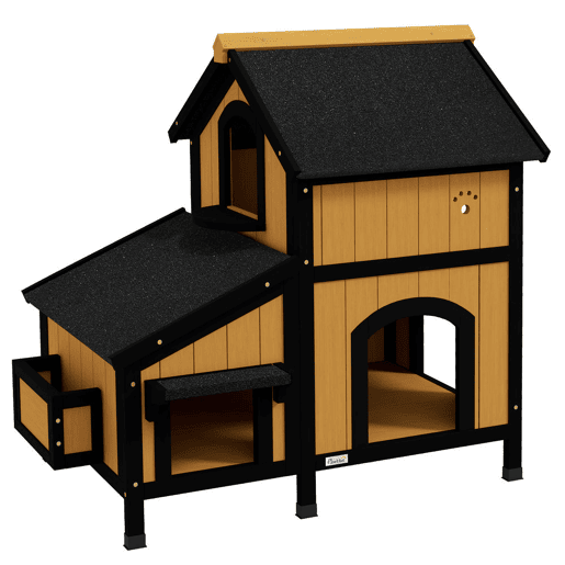 PawHut Casa para Gatos de Madeira com Suporte para Flores 96x65x85,5 cm Casa para Gatos de 2 Níveis com Teto Asfáltico Janela e Múltiplas Entradas Madeira e Preto