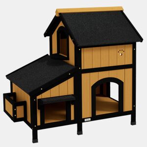 PawHut Casa para Gatos de Madeira com Suporte para Flores 96x65x85,5 cm Casa para Gatos de 2 Níveis com Teto Asfáltico Janela e Múltiplas Entradas Madeira e Preto