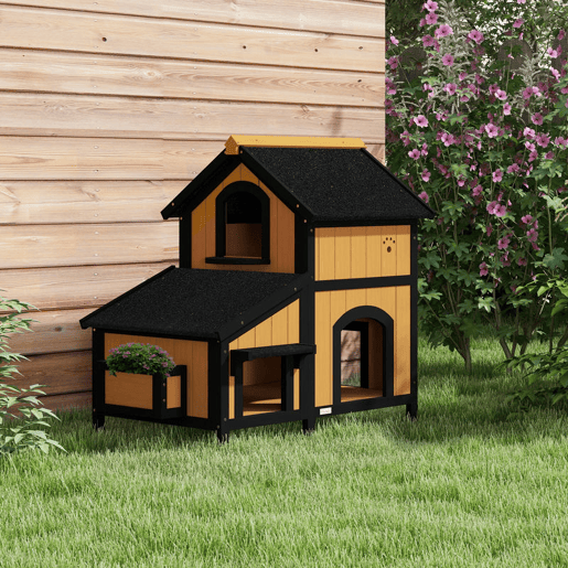 PawHut Casa para Gatos de Madeira com Suporte para Flores 96x65x85,5 cm Casa para Gatos de 2 Níveis com Teto Asfáltico Janela e Múltiplas Entradas Madeira e Preto