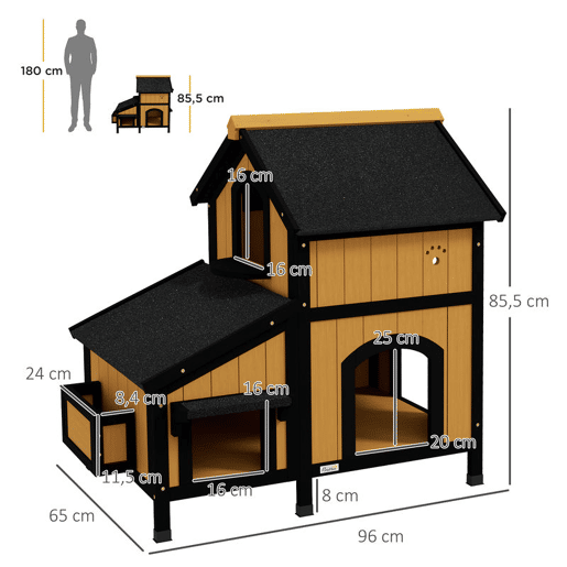 PawHut Casa para Gatos de Madeira com Suporte para Flores 96x65x85,5 cm Casa para Gatos de 2 Níveis com Teto Asfáltico Janela e Múltiplas Entradas Madeira e Preto