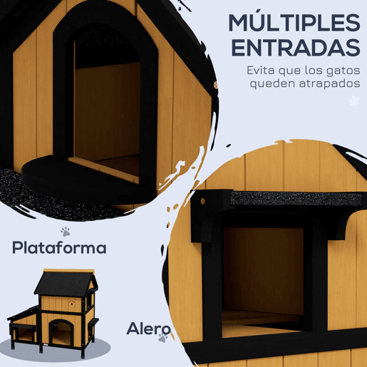PawHut Casa para Gatos de Madeira com Suporte para Flores 96x65x85,5 cm Casa para Gatos de 2 Níveis com Teto Asfáltico Janela e Múltiplas Entradas Madeira e Preto