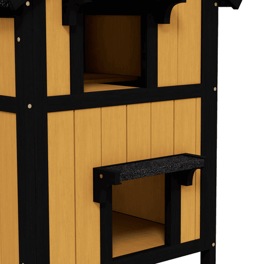PawHut Casa para Gatos de Madeira com Suporte para Flores 96x65x85,5 cm Casa para Gatos de 2 Níveis com Teto Asfáltico Janela e Múltiplas Entradas Madeira e Preto