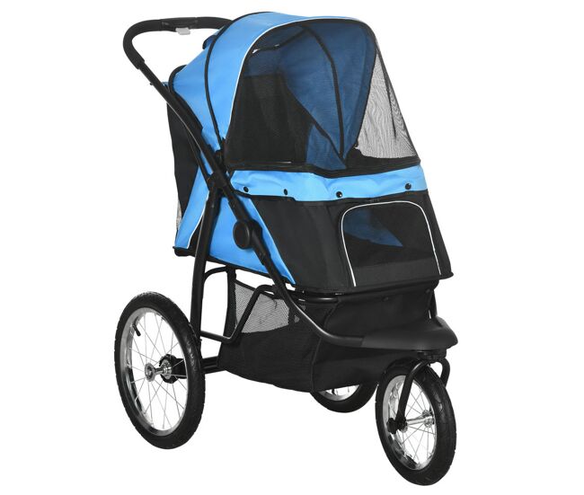 Pawhut carrito para perros plegable cochecito para mascotas carrito para perros medianos pequeños con cesta capota ajustable ventana de malla y 3 ruedas grandes carga 20 kg 111x58x107 cm azul
