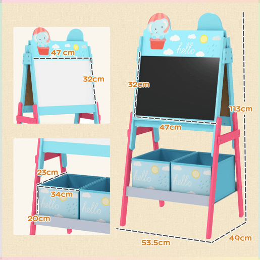 AIYAPLAY Cavalete para Crianças 2 em 1 Arsósia Infantil com Dupla Face 2 Caixas de Arrumação Cavalete de Pintura para Crianças com Estampa em Animais 53,5x49x113 cm Azul