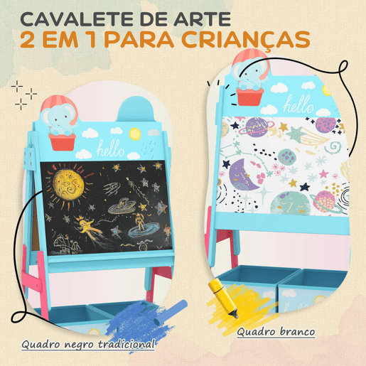 AIYAPLAY Cavalete para Crianças 2 em 1 Arsósia Infantil com Dupla Face 2 Caixas de Arrumação Cavalete de Pintura para Crianças com Estampa em Animais 53,5x49x113 cm Azul