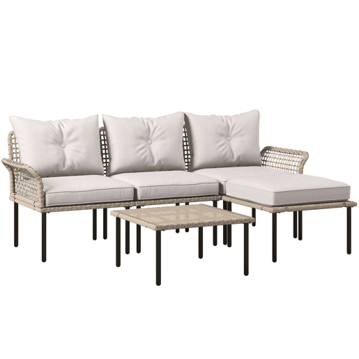 Outsunny Conjunto de Jardim em Vime Sintético Conjunto de Móveis de Exterior com Sofá de 4 Módulos 1 Mesa de Centro e Almofadas Creme