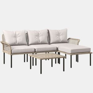 Outsunny Conjunto de Jardim em Vime Sintético Conjunto de Móveis de Exterior com Sofá de 4 Módulos 1 Mesa de Centro e Almofadas Creme